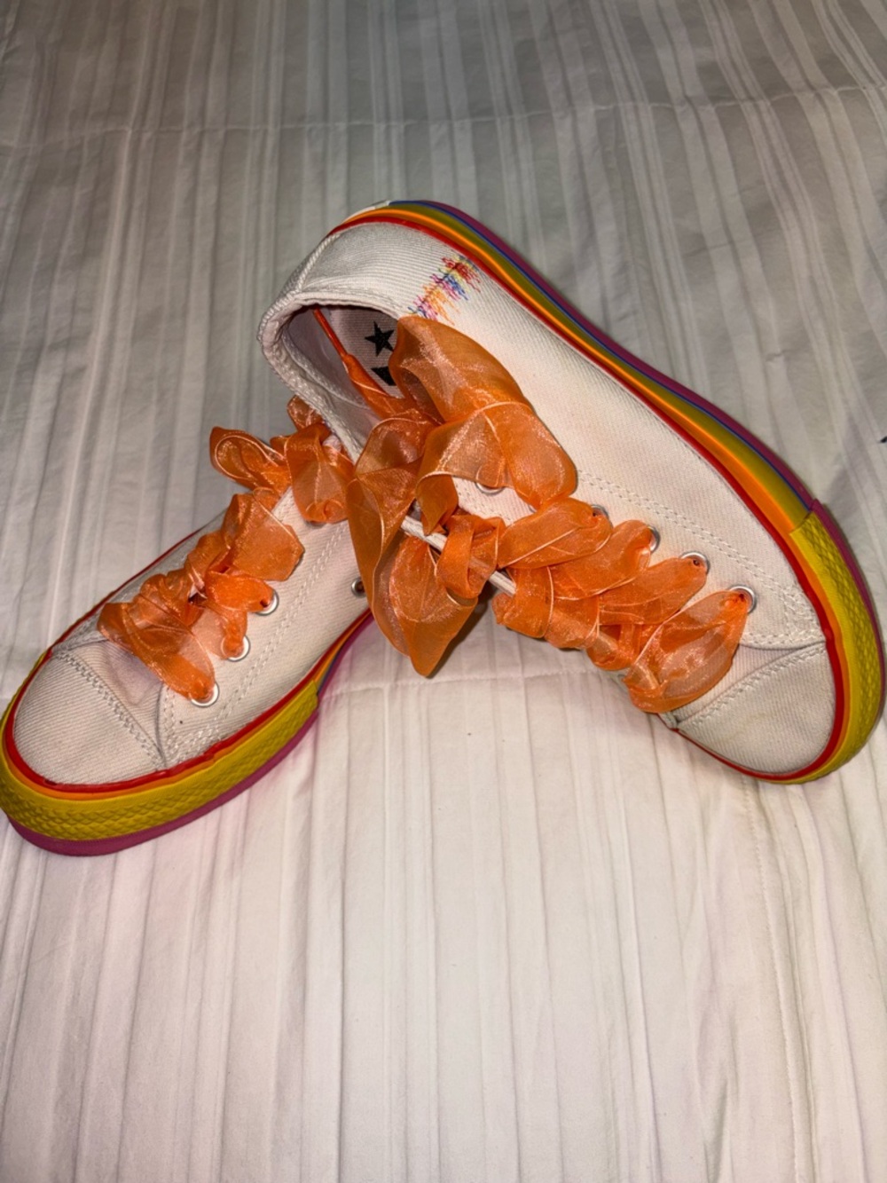 White Canvas Women's Sneakers with Orange Ribbon Laces